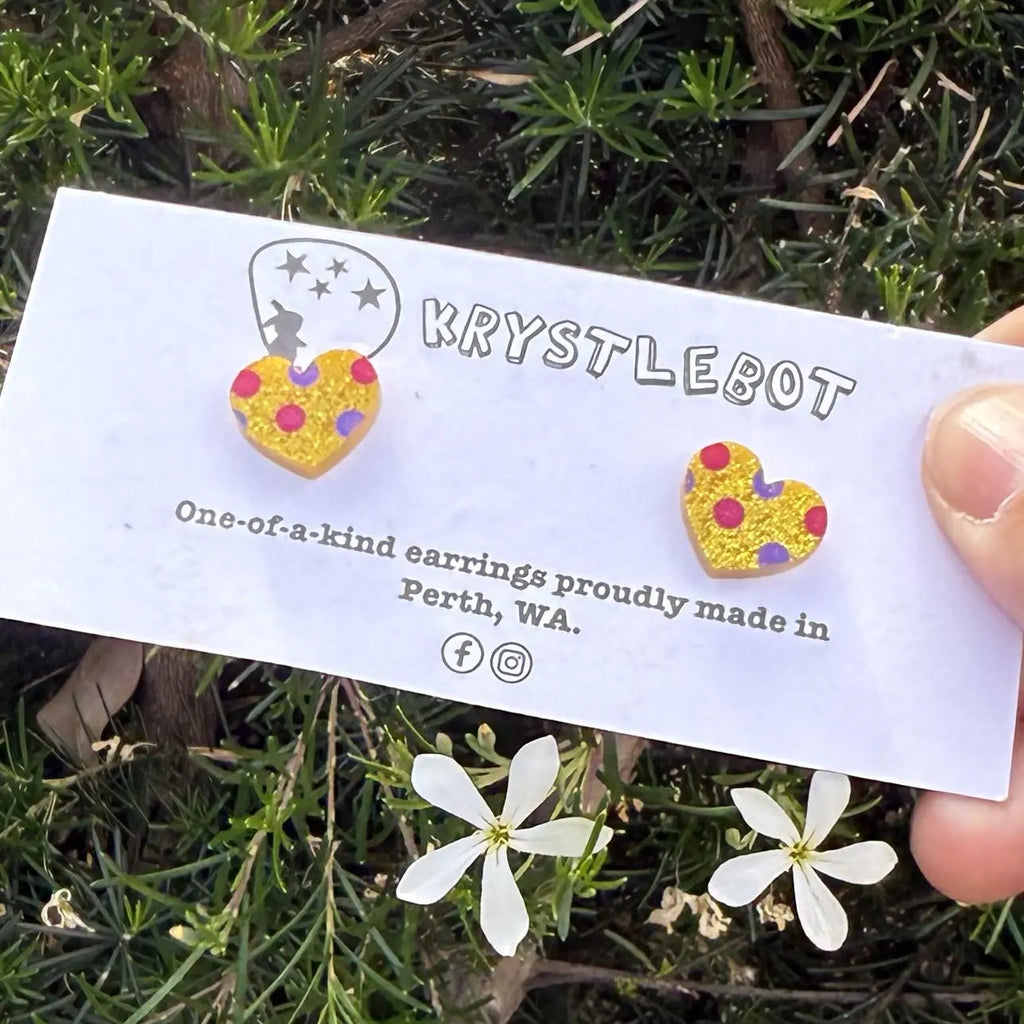 Yellow glitter spotted handpainted love heart studs, Teacher Gifts, Everyday earrings, Basic Studs