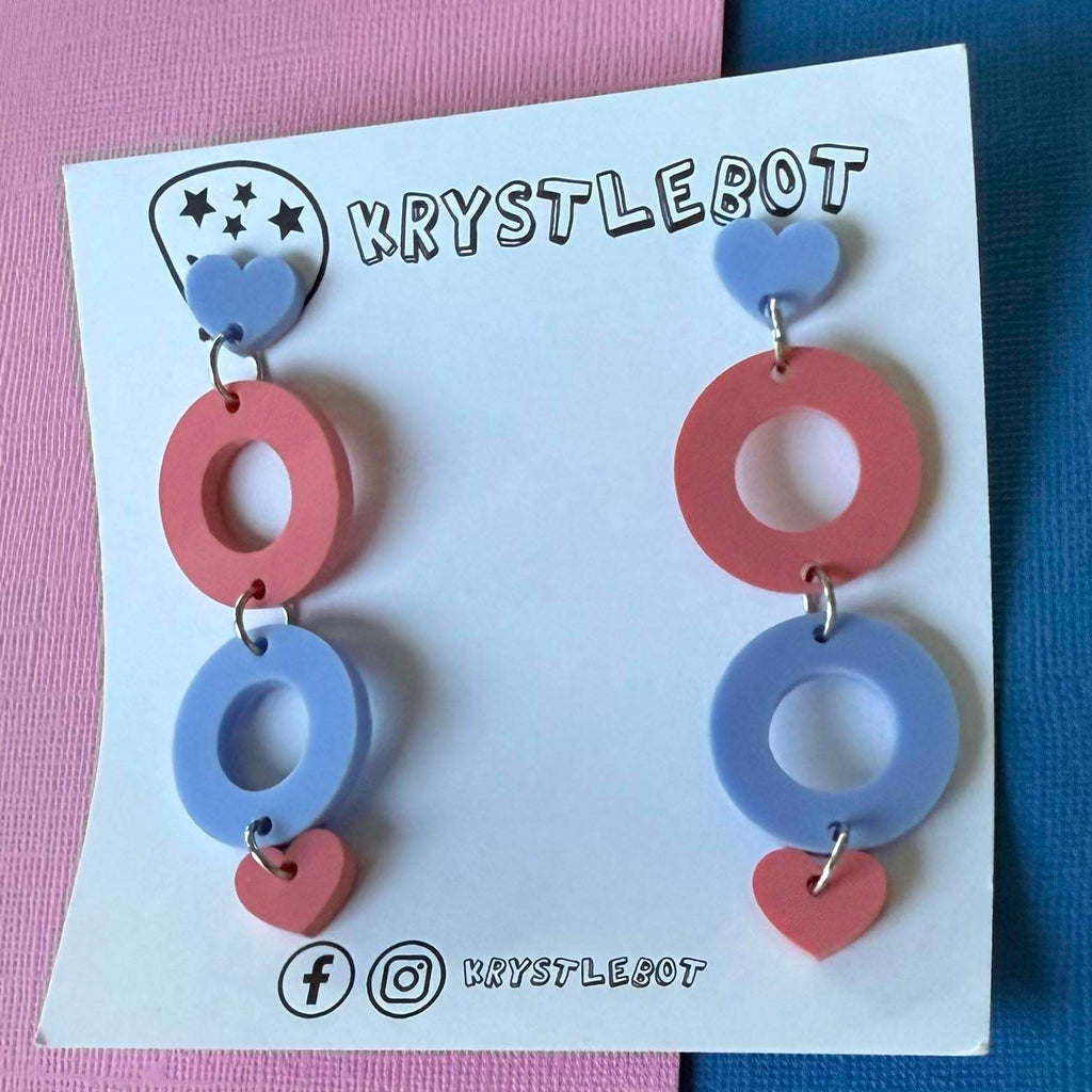 Raspberry pink and blue heart and circle dangles, Acrylic earrings, Lightweight dangles,Teacher Earrings