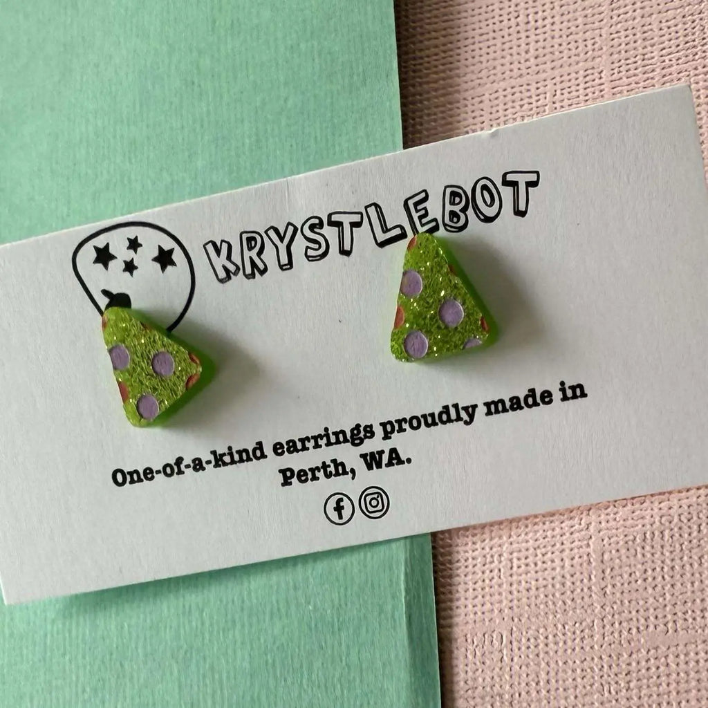 Lime green glitter spotted painted triangle studs, Teacher Gifts, Everyday earrings, Basic Studs
