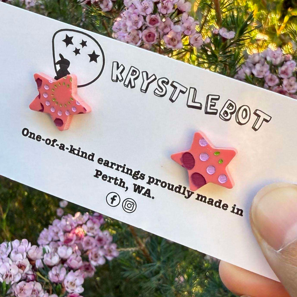 Dark Pink raspberry spotted painted star statement studs, Teacher Gifts, Everyday earrings, Basic Studs
