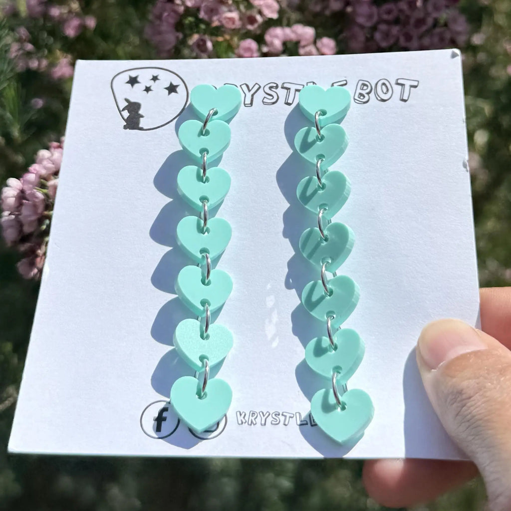 Mint green sweetheart dangles, mini heart dangles, acrylic earrings, teacher earrings, lightweight dangles