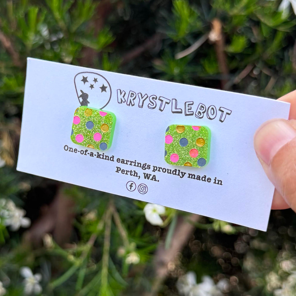 Apple green glitter spotted hand painted square shaped acrylic earrings, one-of-a-kind, only one made like this