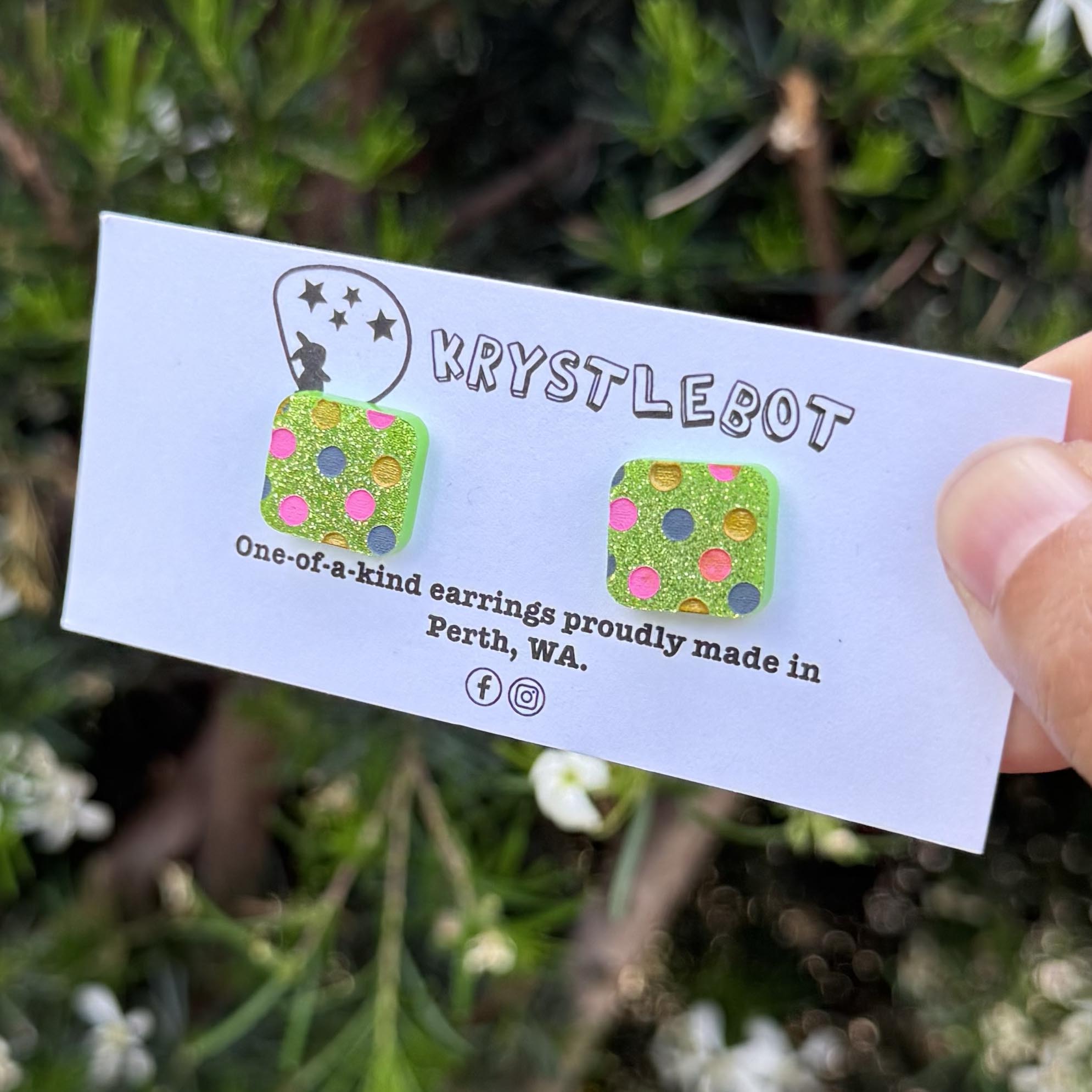 Apple green glitter spotted hand painted square shaped acrylic earrings, one-of-a-kind, only one made like this