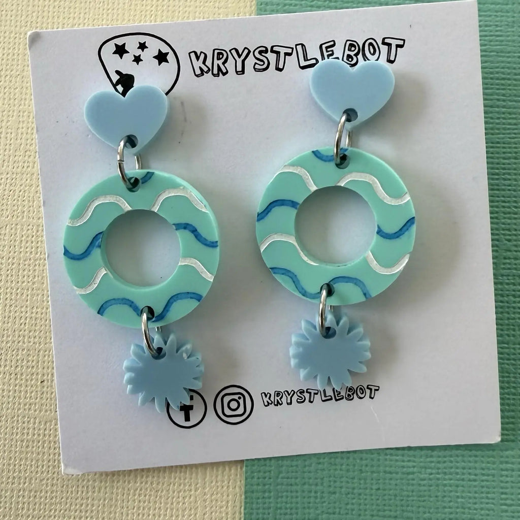 Mint green blue and white wave mismatched Dangles, Acrylic earrings, Lightweight dangles,Teacher Earrings
