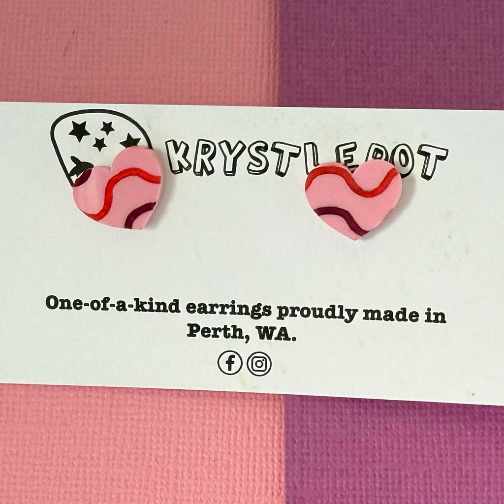 Pink mini wave squiggles painted love heart studs, Teacher Gifts, Everyday earrings, Basic Studs