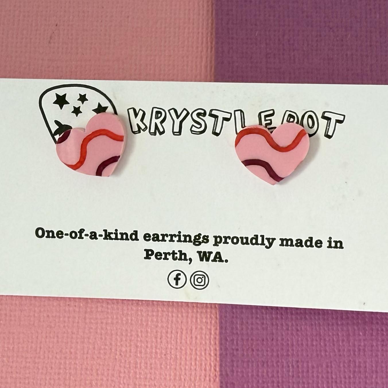 Pink mini wave squiggles painted love heart studs, Teacher Gifts, Everyday earrings, Basic Studs