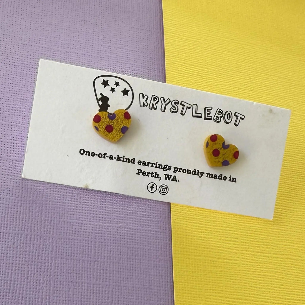 Yellow glitter spotted handpainted love heart studs, Teacher Gifts, Everyday earrings, Basic Studs