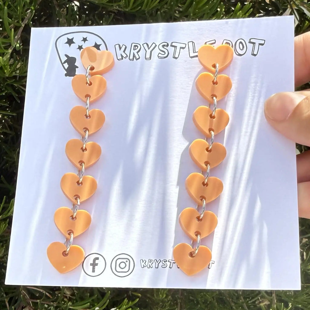 Orange sweetheart dangles, mini heart dangles, acrylic earrings, teacher earrings, lightweight dangles