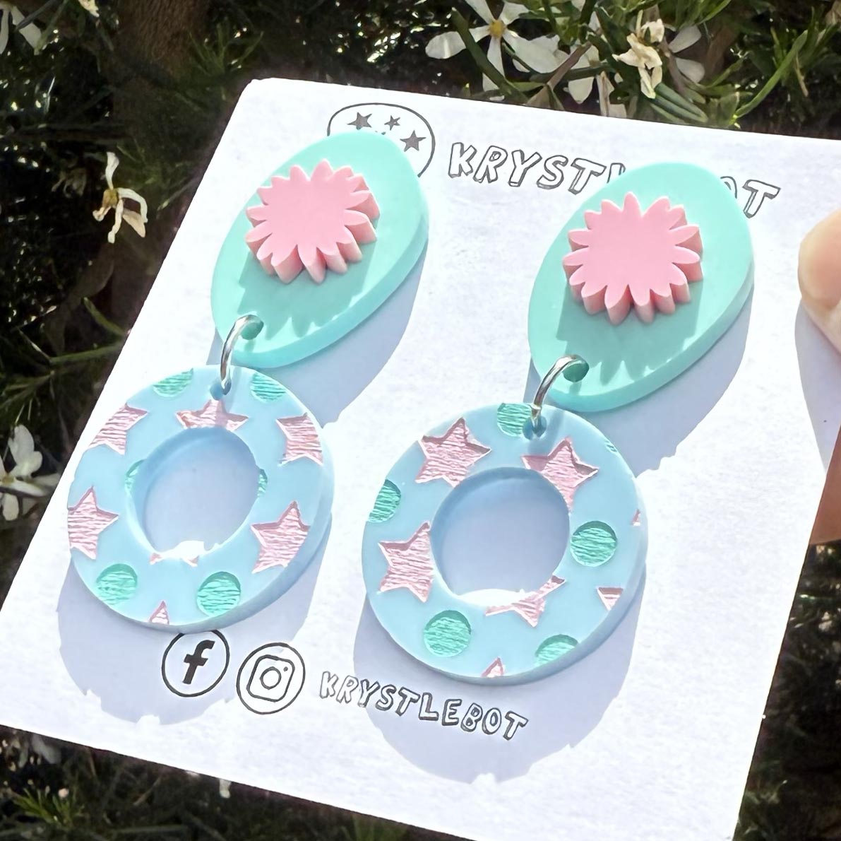 Spearmint green, pink and blue circle, oval and starburst dangles, star painted pattern, Acrylic earrings, Lightweight dangles,Teacher Earrings
