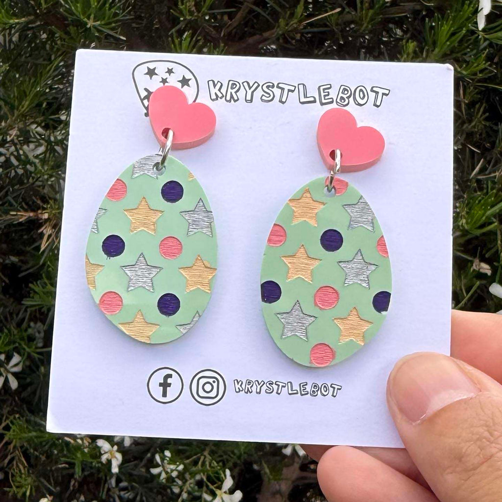 Mint green multi coloured star and spots Hand Painted Oval Earrings, Lightweight Acrylic Dangles, One-Off