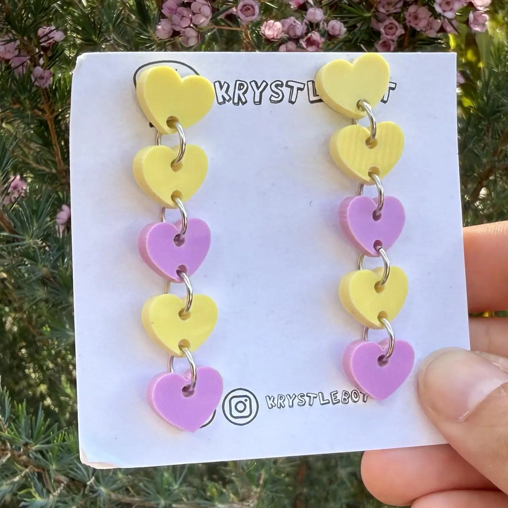 Yellow and purple sweetheart dangles, mini heart dangles, acrylic earrings, teacher earrings, lightweight dangles