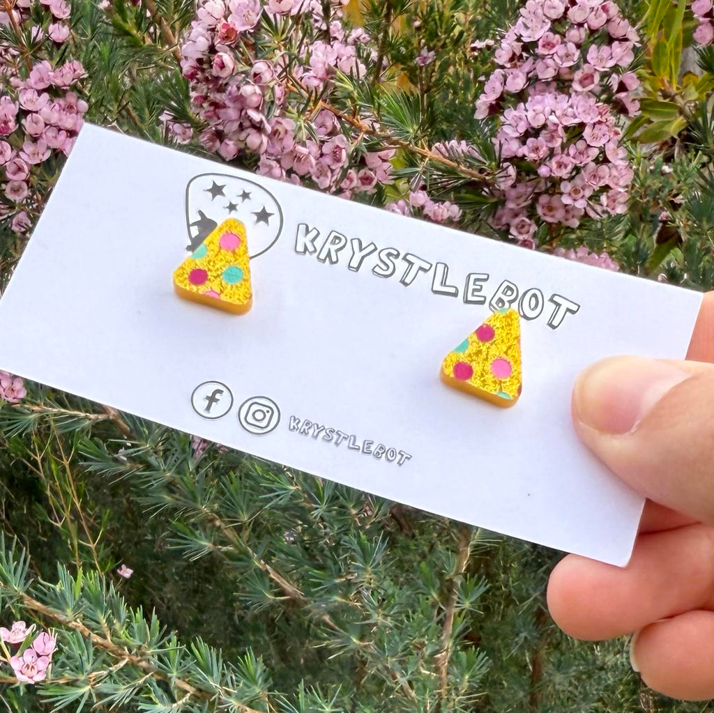 Yellow glitter spotted painted triangle studs, Teacher Gifts, Everyday earrings, Basic Studs