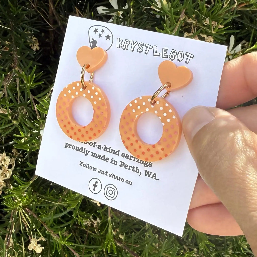 Orange Painted Spot Circle and Heart Dangles, Acrylic earrings, Lightweight dangles,Teacher Earrings
