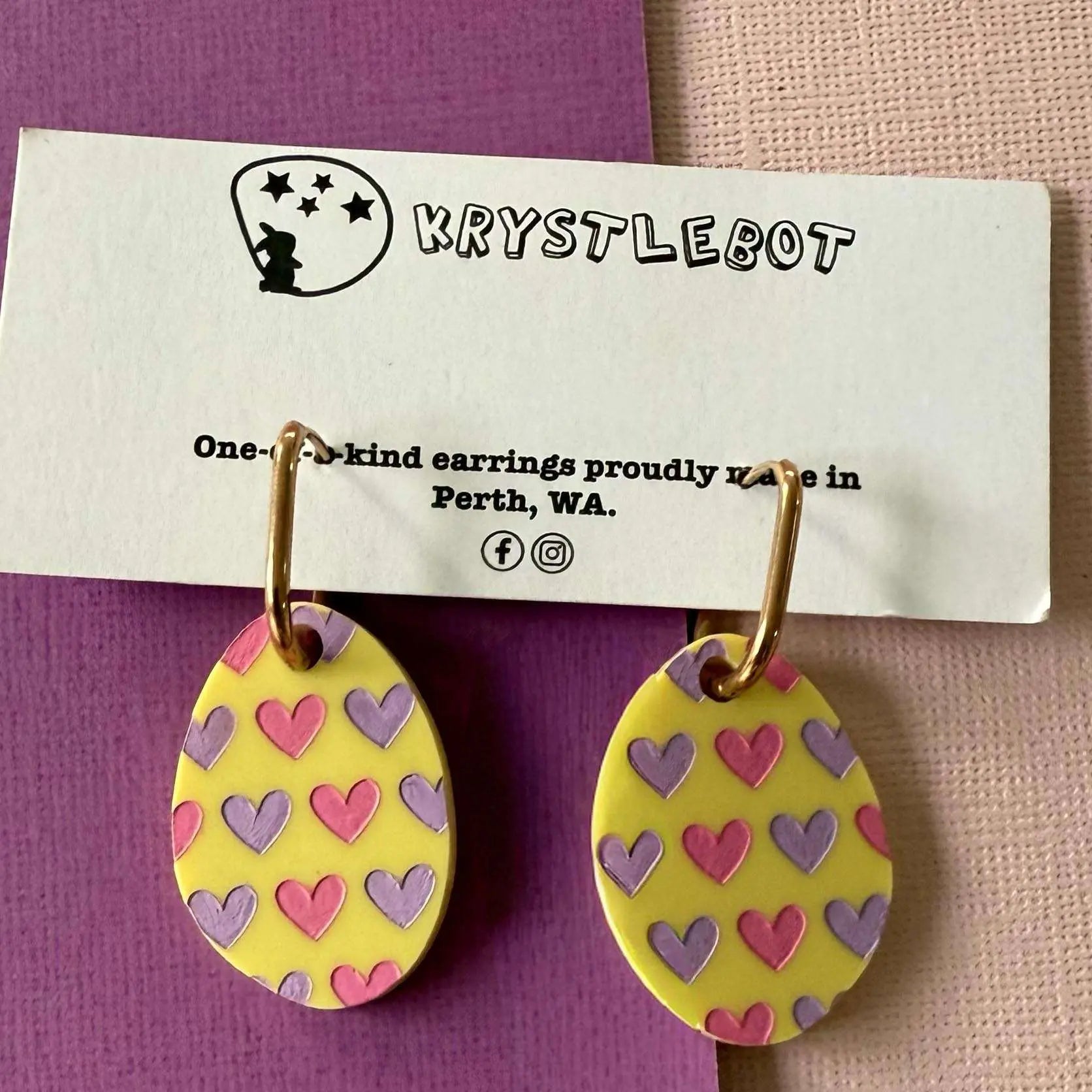 Yellow painted heart Huggie Hoop oval Earrings, Lightweight Acrylic Dangles, One-Off