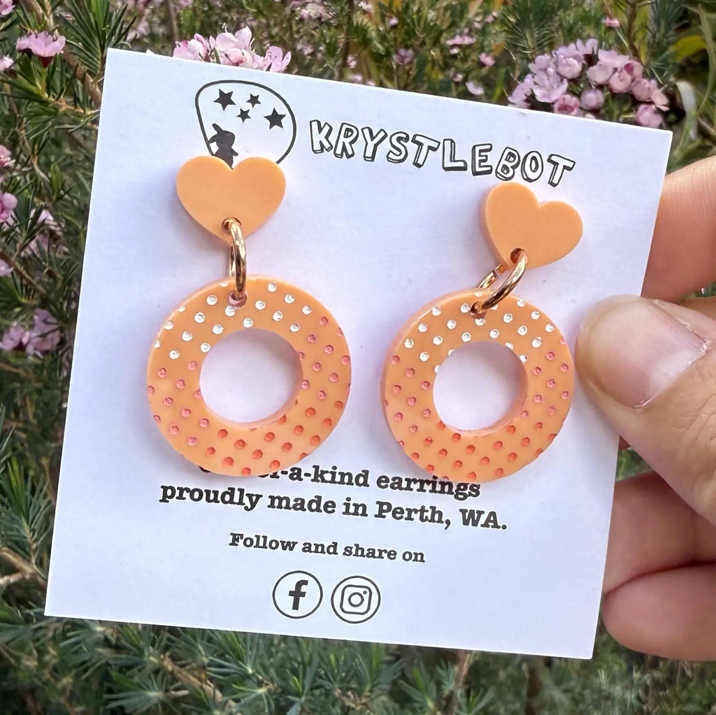 Orange Painted Spot Circle and Heart Dangles, Acrylic earrings, Lightweight dangles,Teacher Earrings