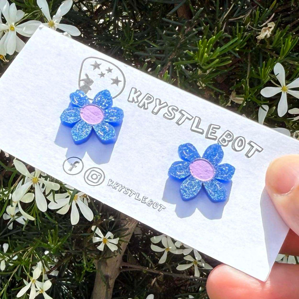 Blue glitter daisy studs, hand painted with pink centre and petal features, Lightweight Acrylic Studs Earrings, first earring