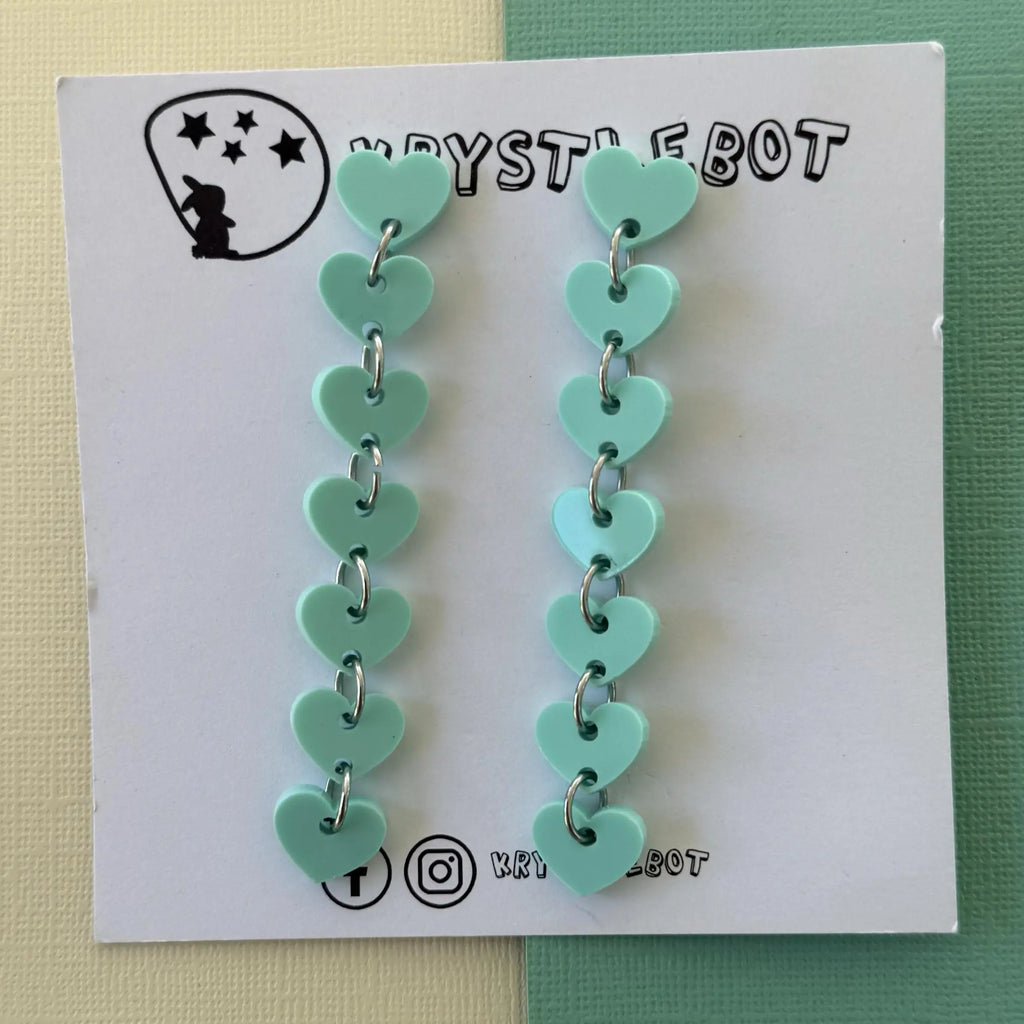 Mint green sweetheart dangles, mini heart dangles, acrylic earrings, teacher earrings, lightweight dangles