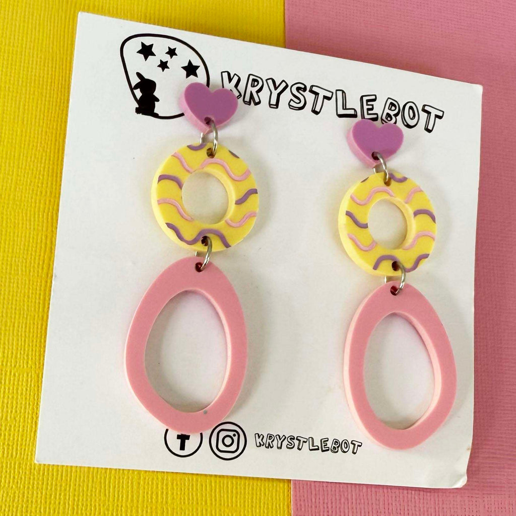 Purple, pink and yellow circle and large oval dangle earrings with wave patterned painted centre, Acrylic earrings, Lightweight dangles,Teacher Earrings