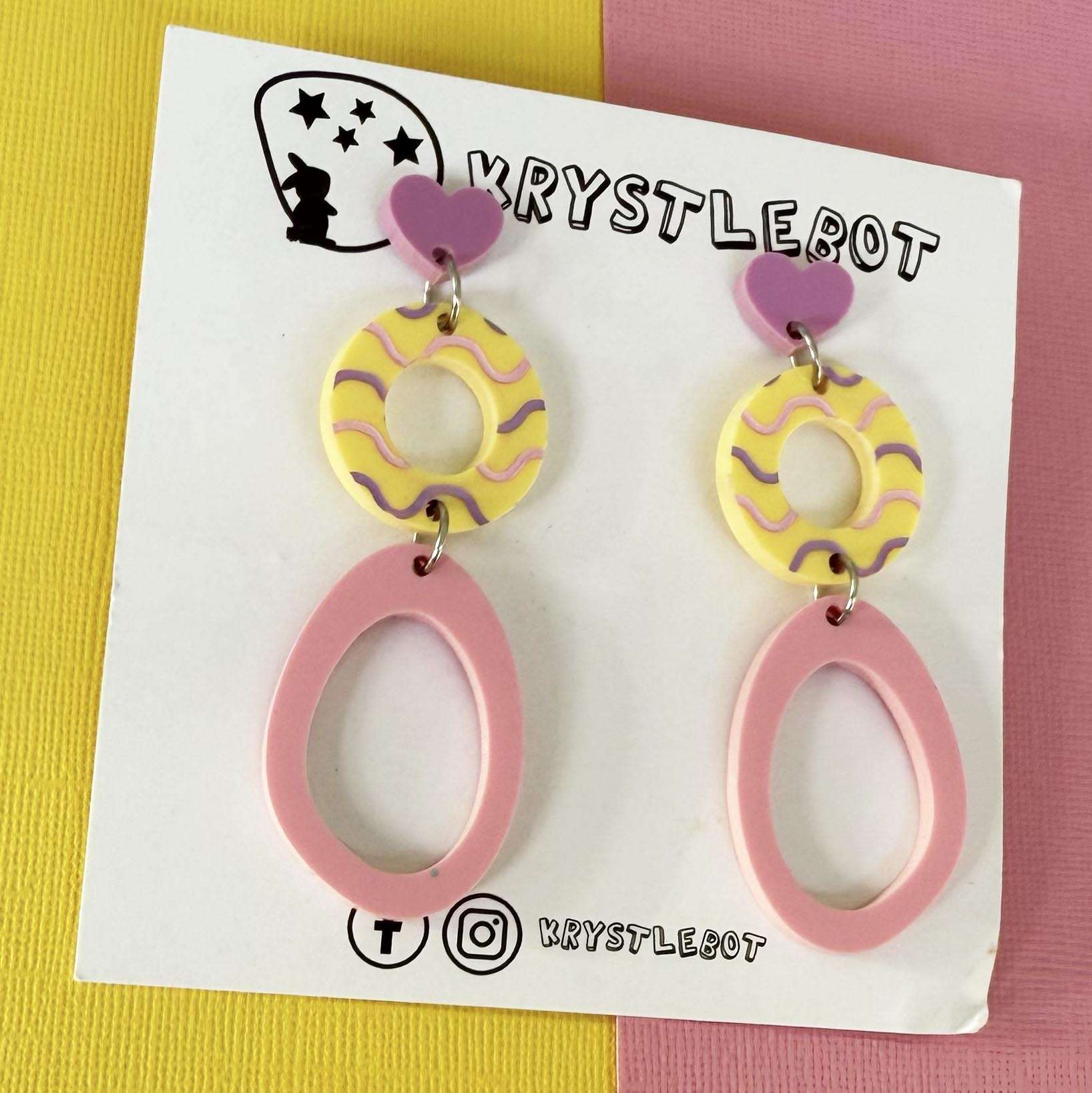 Purple, pink and yellow circle and large oval dangle earrings with wave patterned painted centre, Acrylic earrings, Lightweight dangles,Teacher Earrings