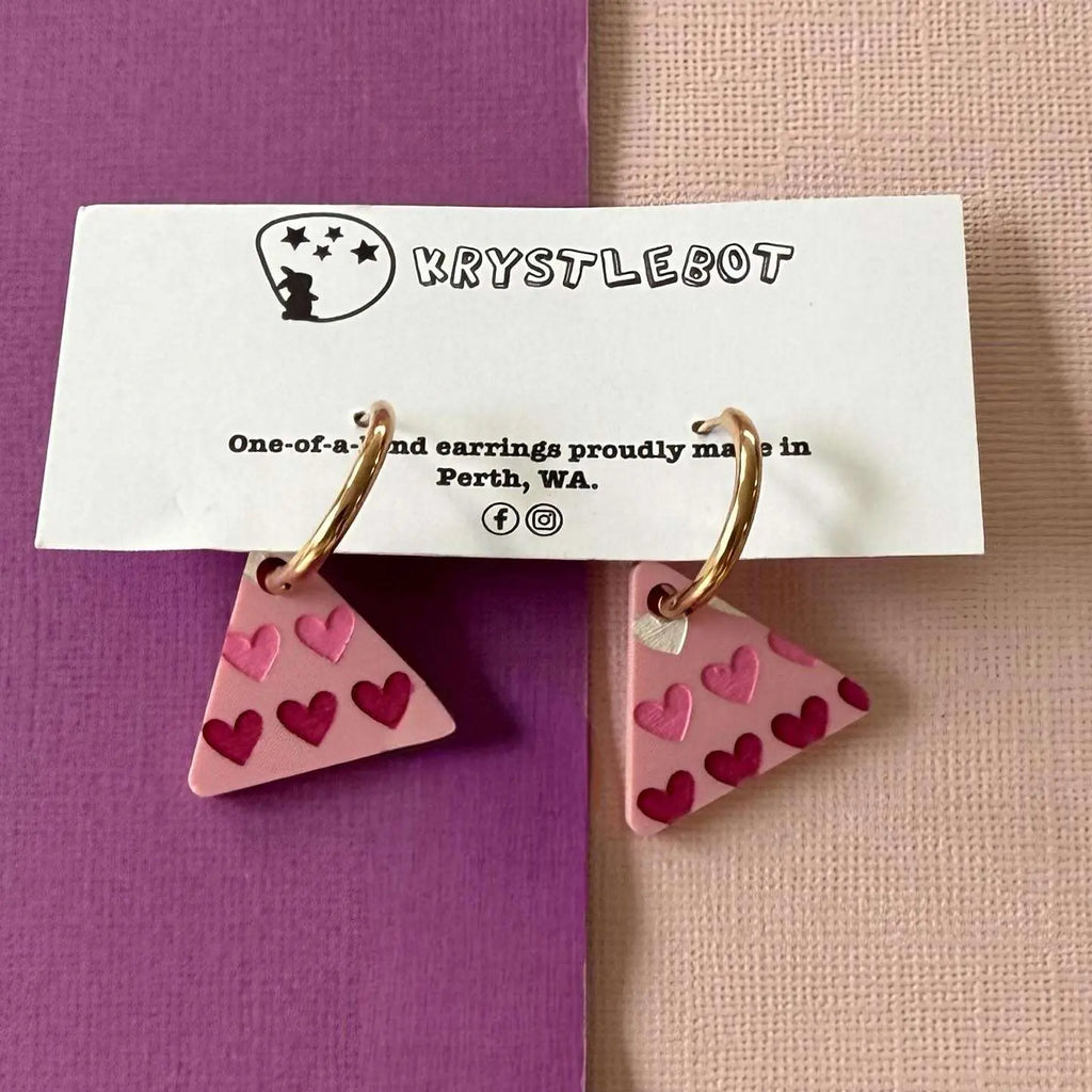 Pink Painted Heart Spots Huggie Hoop triangle Earrings, Lightweight Acrylic Dangles, One-Off