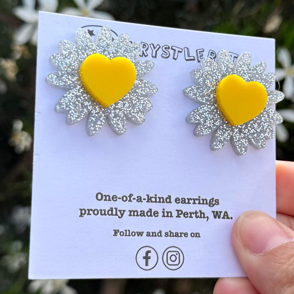 Silver and yellow stacked sunflower stud statement earrings, teacher dangles, big large earrings, acrylic earrings