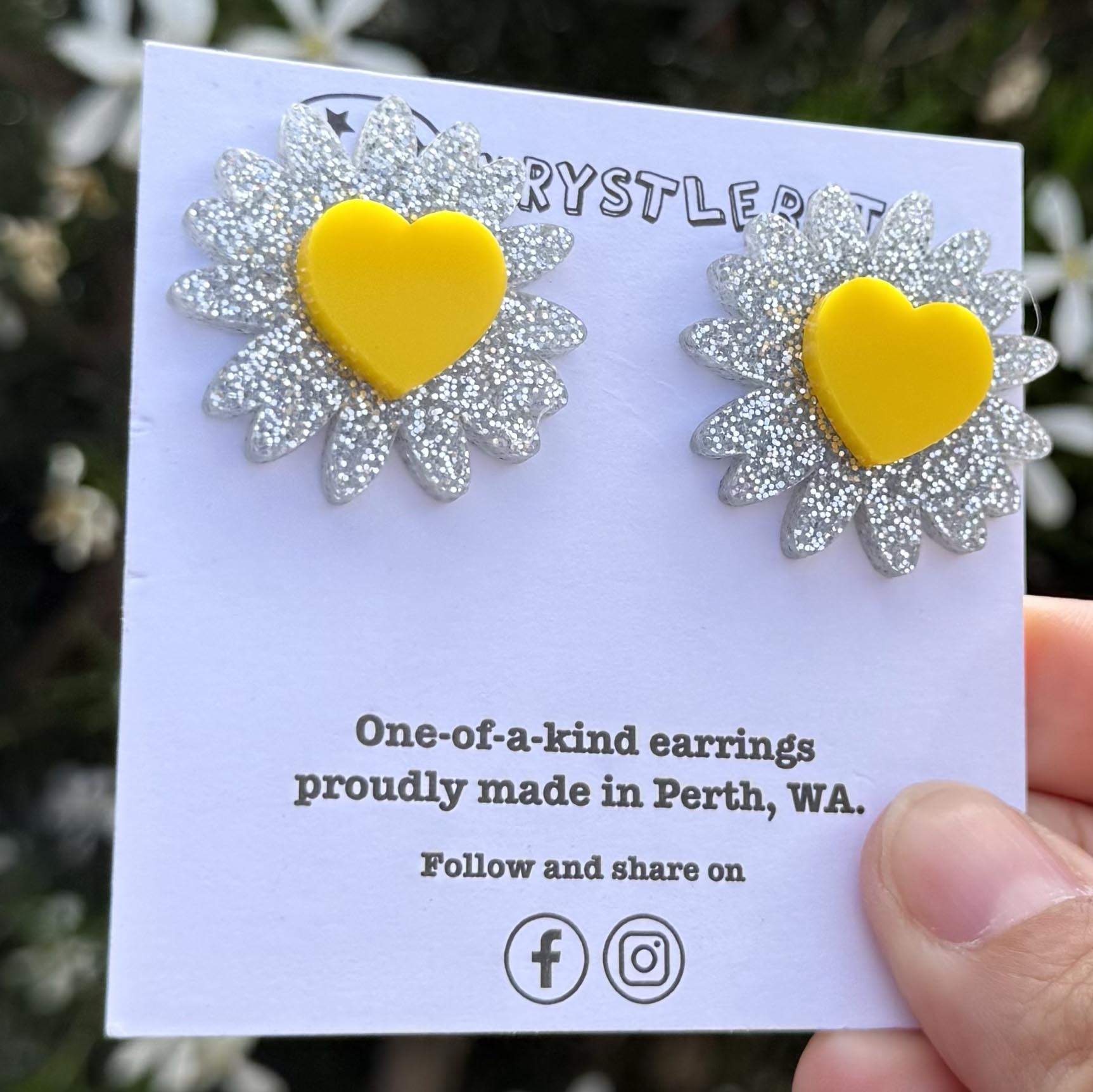 Silver and yellow stacked sunflower stud statement earrings, teacher dangles, big large earrings, acrylic earrings