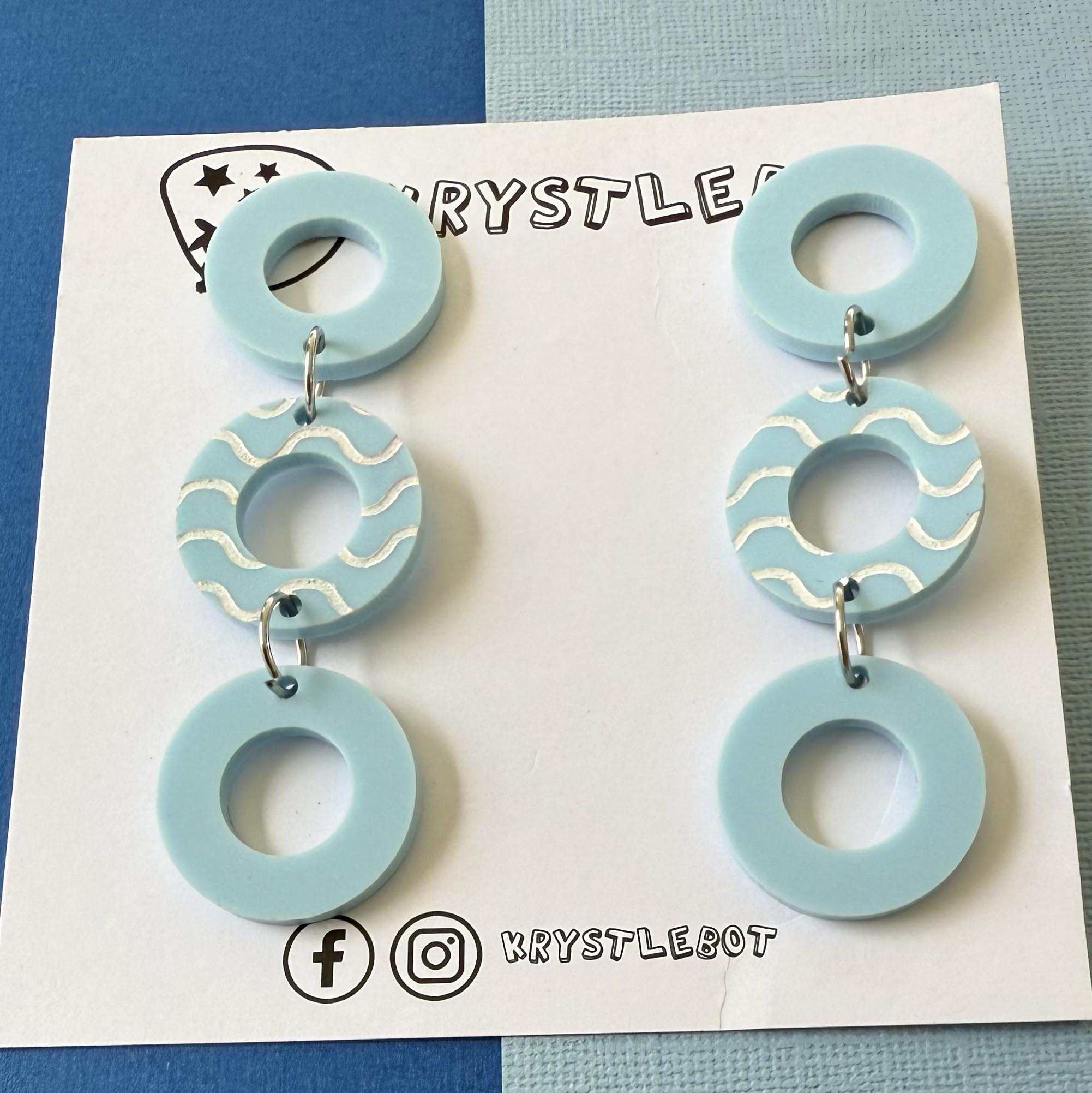 Light Blue Circle Trio dangles with white hand painted wave centre, Acrylic earrings, Lightweight dangles,Teacher Earrings