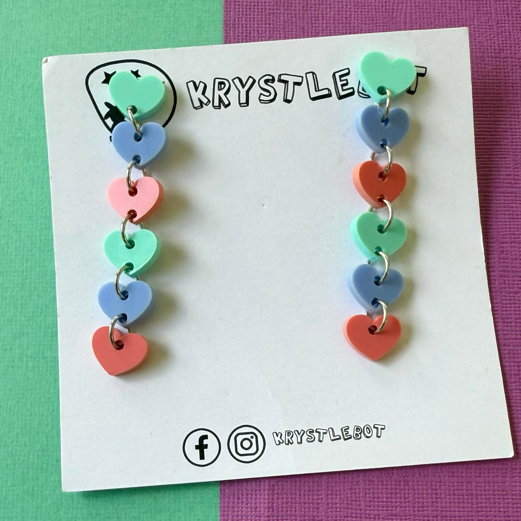 Blue, spearmint green and raspberry sweetheart dangles, mini heart dangles, acrylic earrings, teacher earrings, lightweight dangles