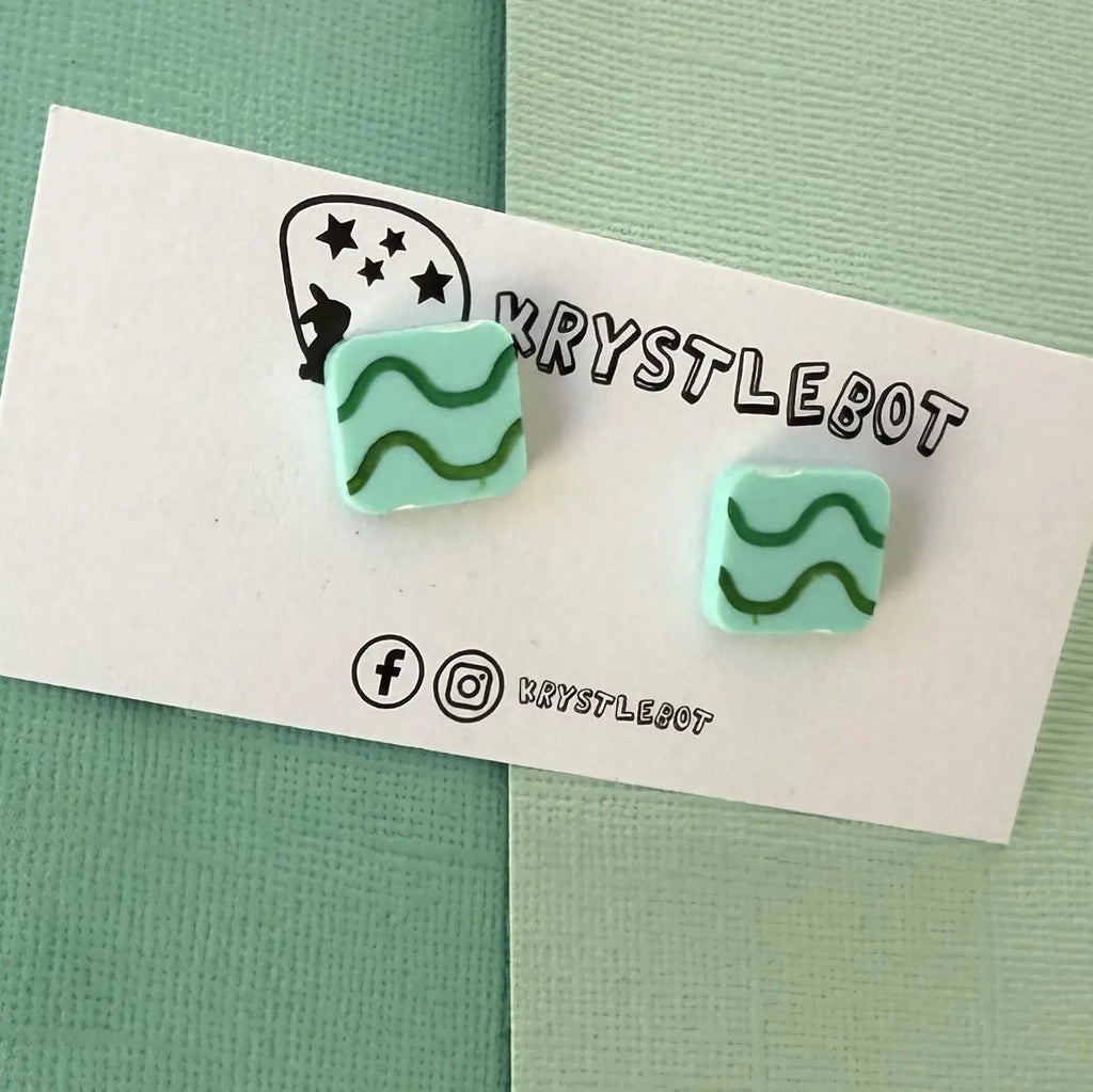 Green tonal wave hand painted square shaped acrylic earrings, one-of-a-kind, only one made like this