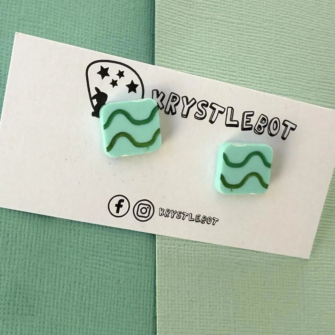 Green tonal wave hand painted square shaped acrylic earrings, one-of-a-kind, only one made like this