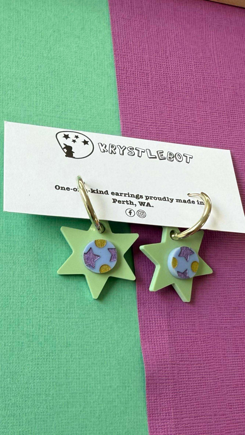 Sage Green, Blue, Gold and Purple Painted Star Huggie Hoop Square Earrings, Lightweight Acrylic Dangles, One-Off