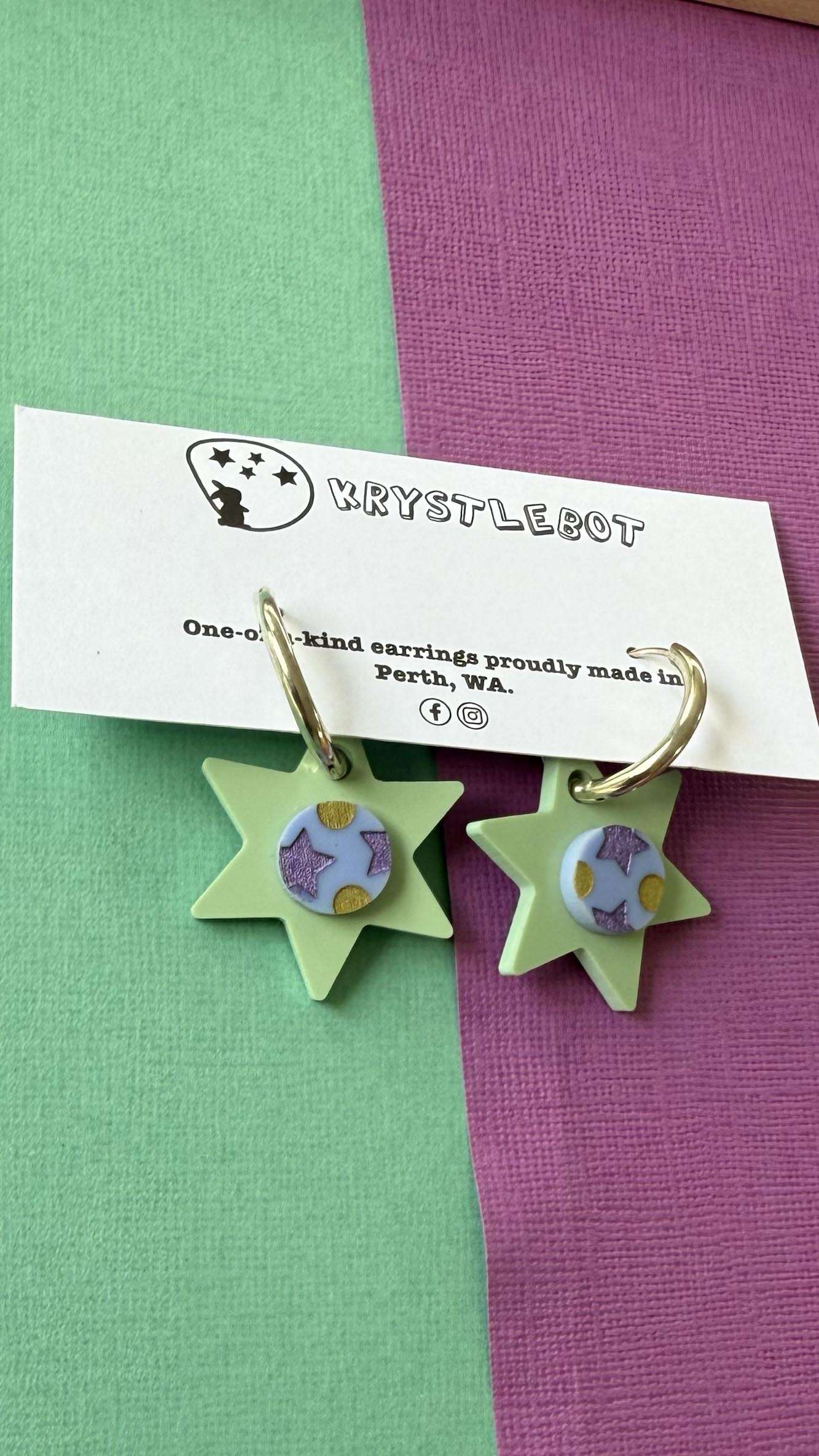 Sage Green, Blue, Gold and Purple Painted Star Huggie Hoop Square Earrings, Lightweight Acrylic Dangles, One-Off