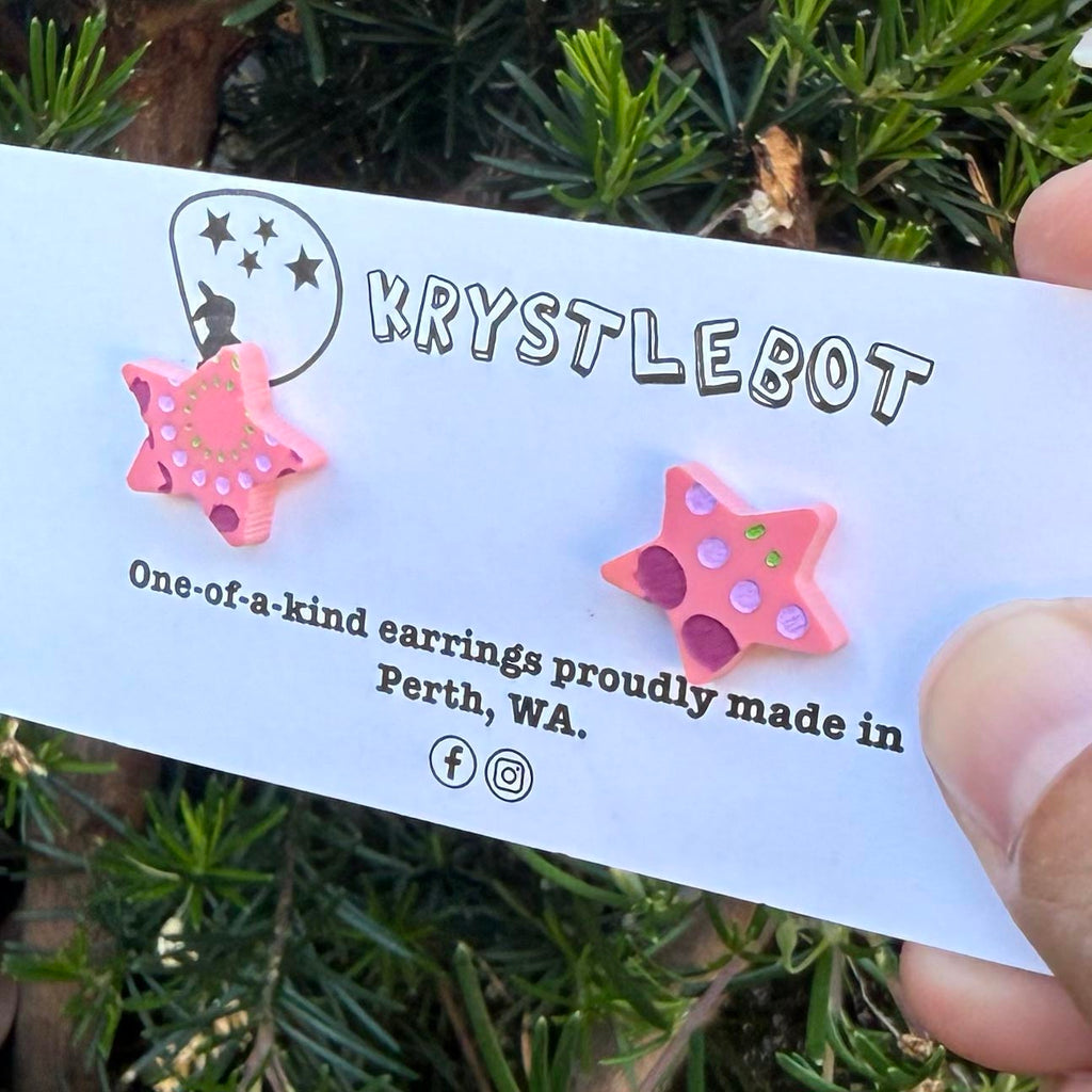 Dark Pink raspberry spotted painted star statement studs, Teacher Gifts, Everyday earrings, Basic Studs
