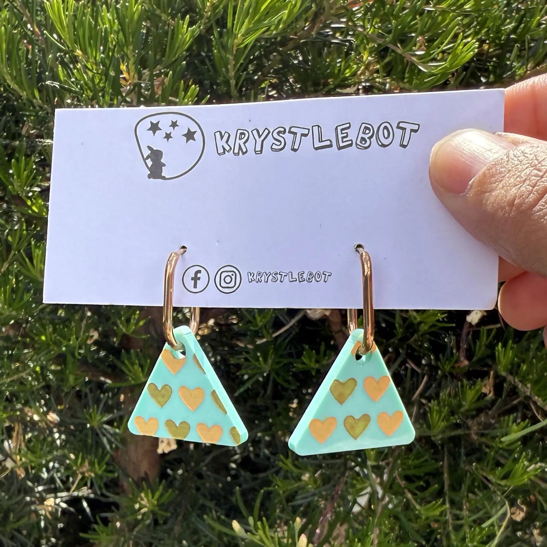 Mint green Yellow Painted Heart Spots Huggie Hoop triangle Earrings, Lightweight Acrylic Dangles, One-Off