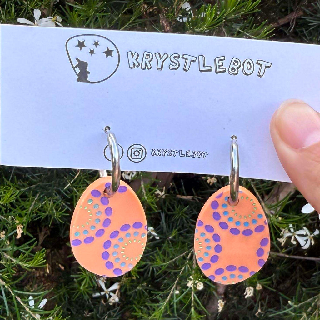 Orange painted circle burst Huggie Hoop oval Earrings, Lightweight Acrylic Dangles, One-Off