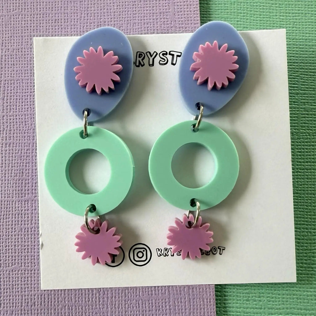 Mint purple and blue star burst Dangles, Acrylic earrings, Lightweight dangles,Teacher Earrings
