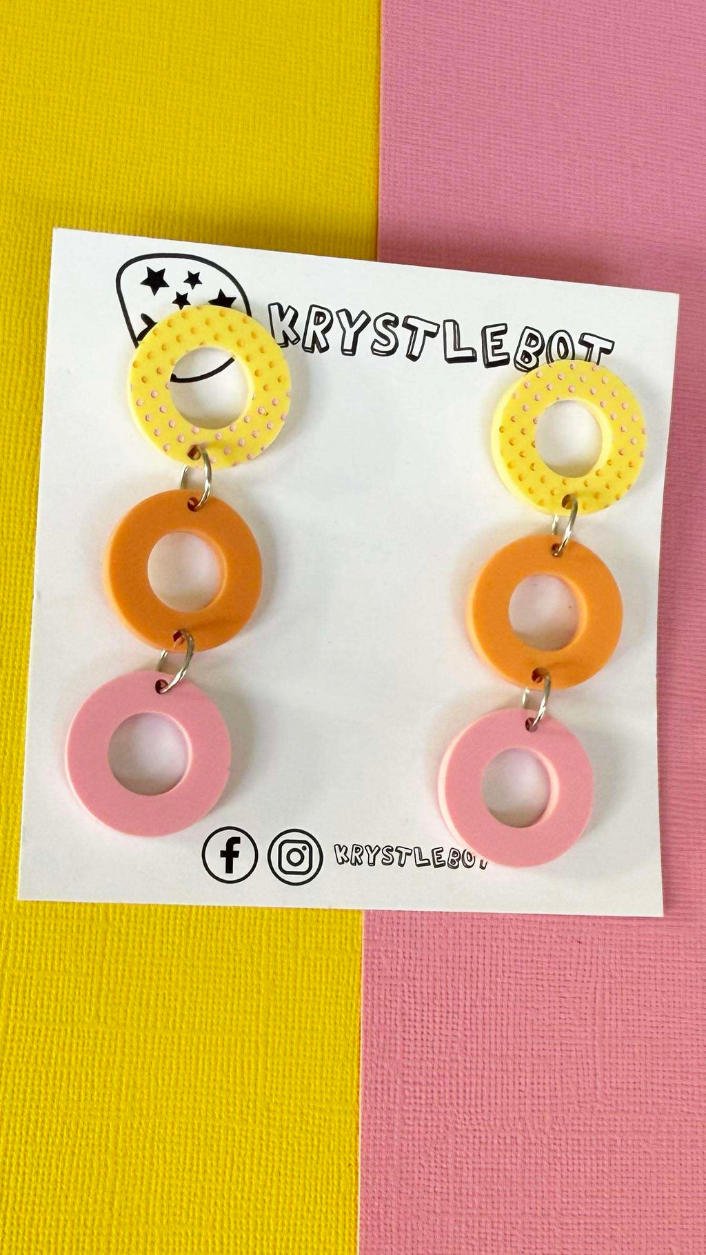 Yellow, Orange and Pink trio Circle Dangles with hand painted top (orange and pink), Acrylic earrings, Lightweight dangles,Teacher Earrings