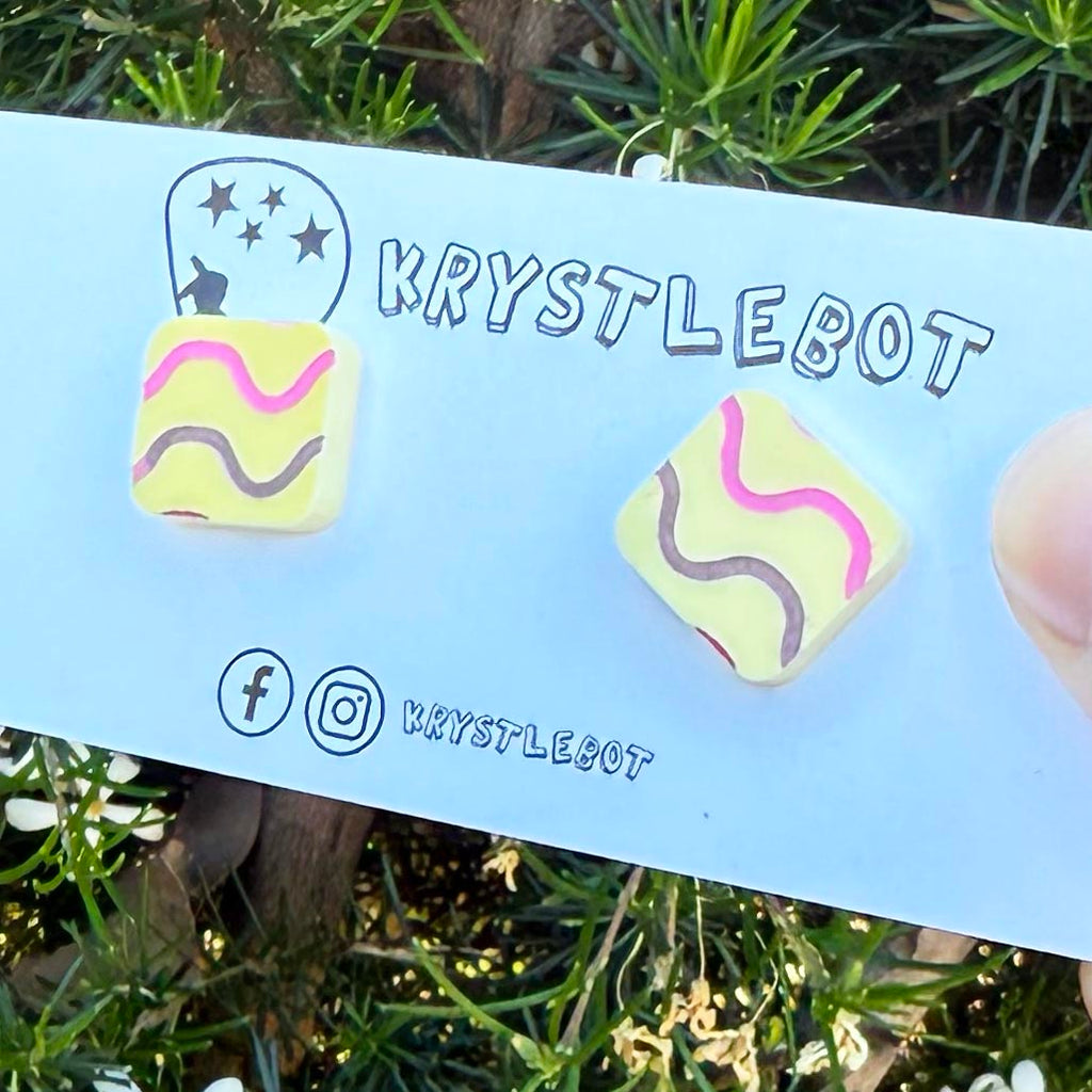 Yellow pink waves hand painted square shaped acrylic earrings, one-of-a-kind, only one made like this