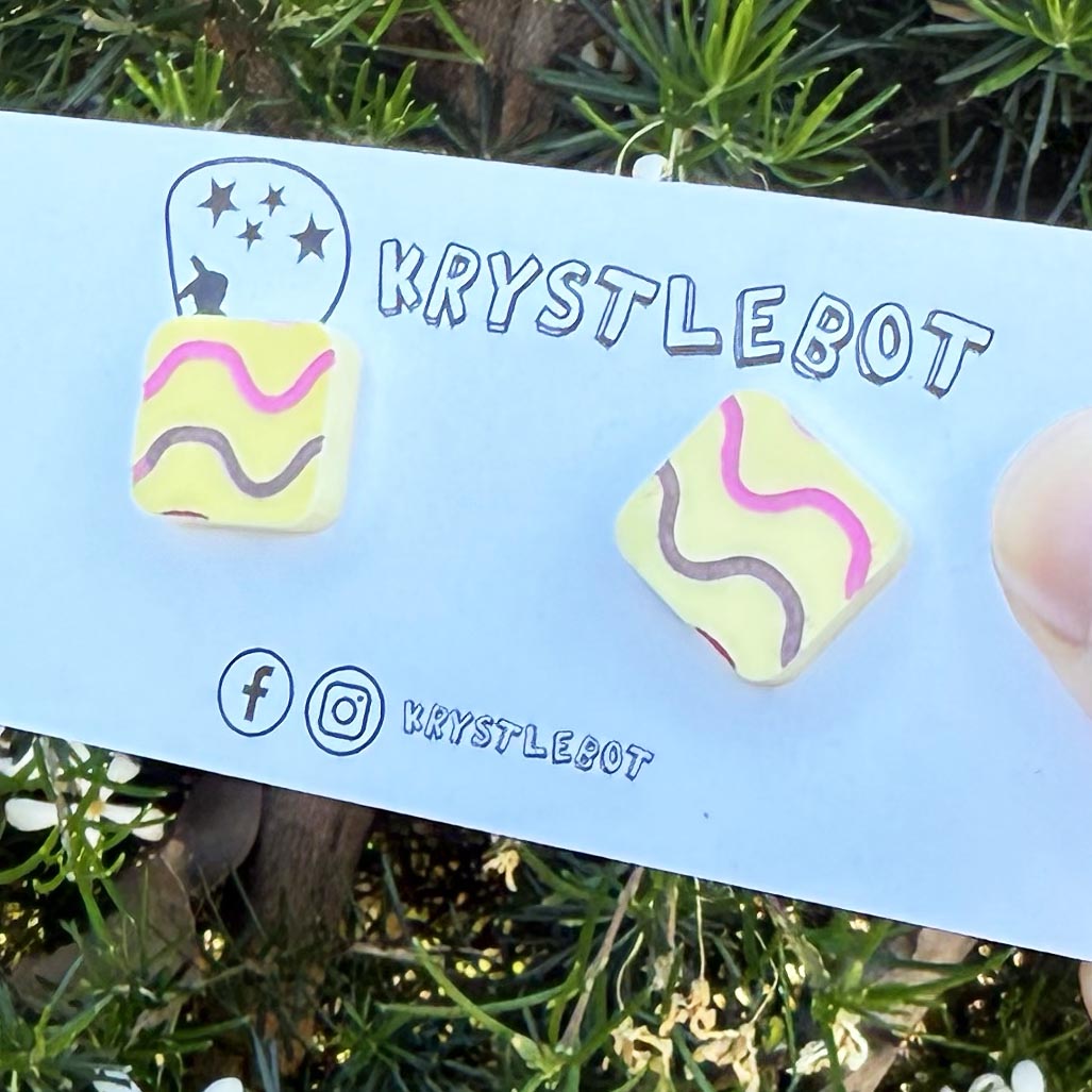 Yellow pink waves hand painted square shaped acrylic earrings, one-of-a-kind, only one made like this