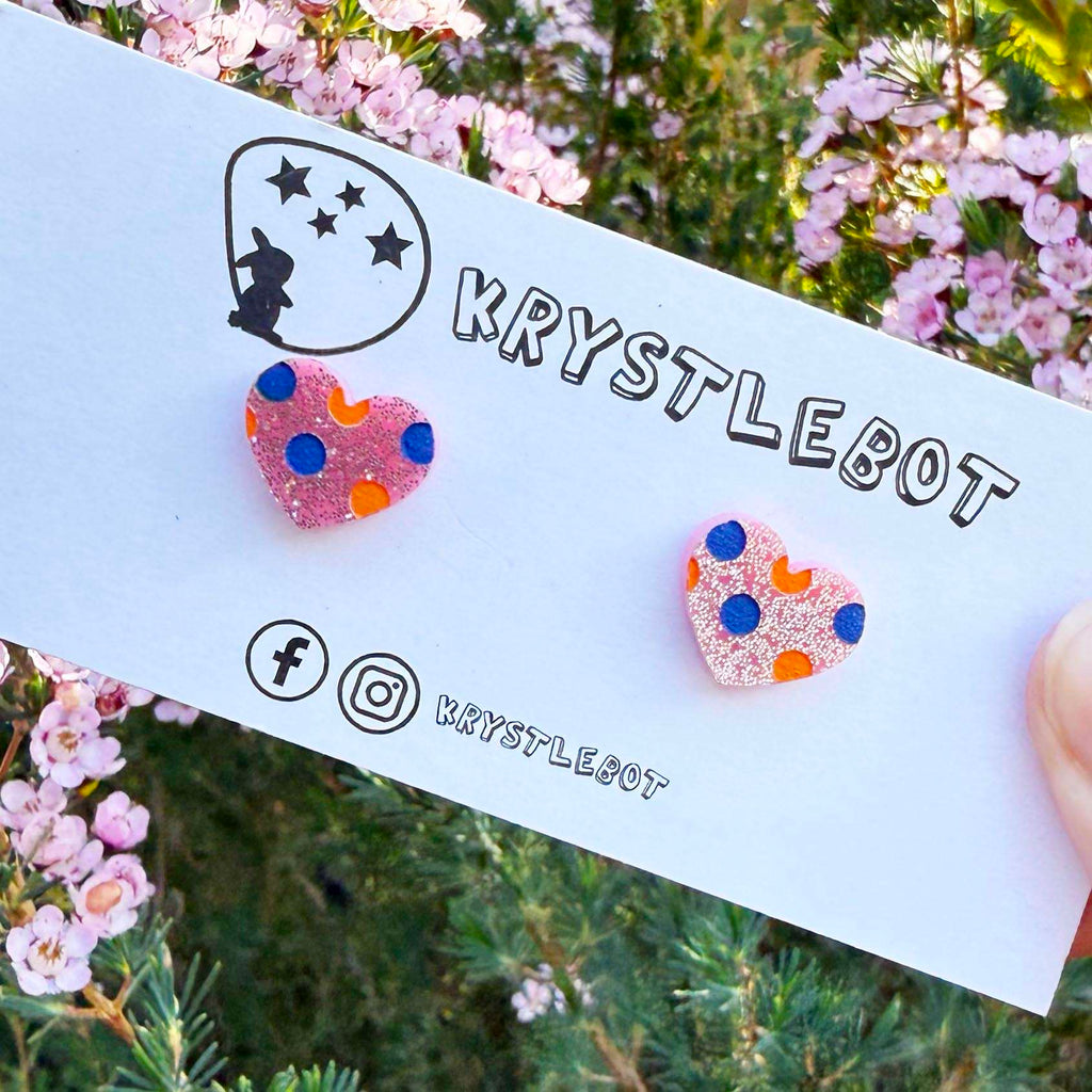 Pink glitter mini spotted painted love heart studs, Teacher Gifts, Everyday earrings, Basic Studs