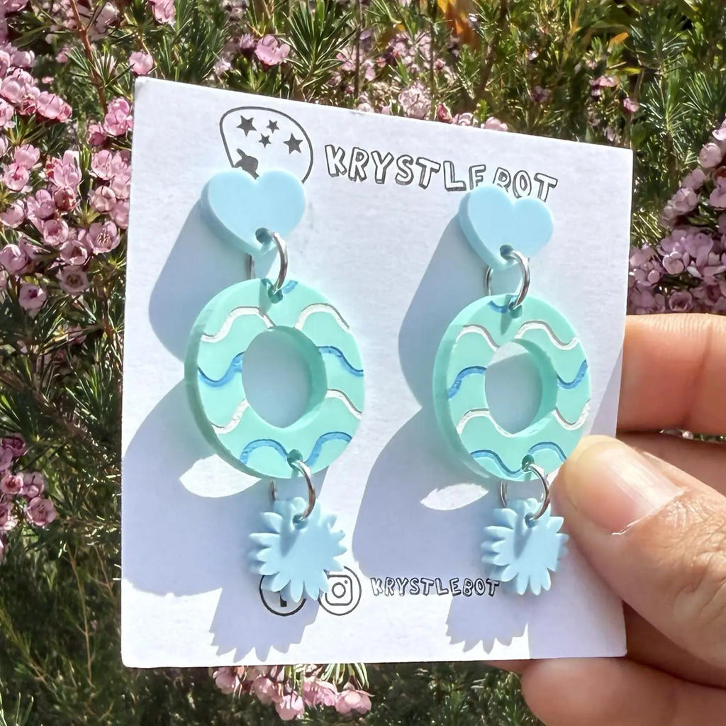 Mint green blue and white wave mismatched Dangles, Acrylic earrings, Lightweight dangles,Teacher Earrings