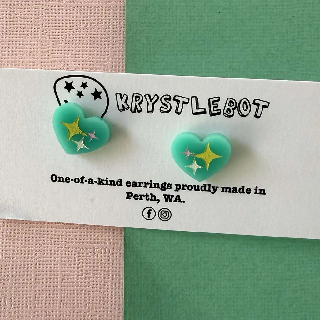 Teal green mini heart trio hand painted acrylic earrings, one-of-a-kind, only one made like this