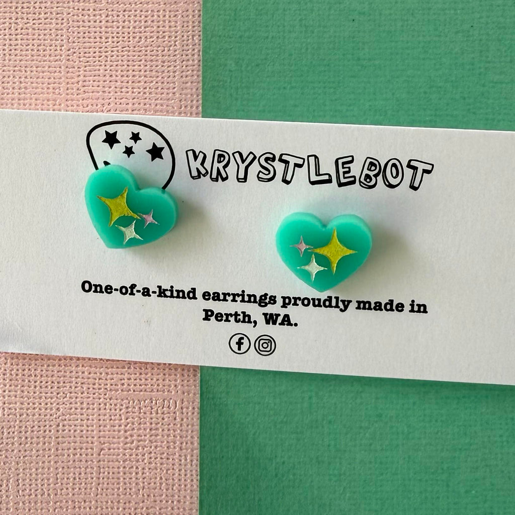 Teal green mini heart trio hand painted acrylic earrings, one-of-a-kind, only one made like this