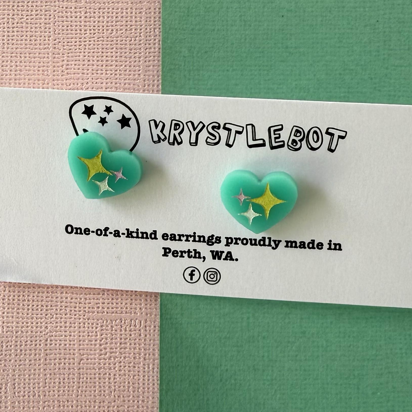 Teal green mini heart trio hand painted acrylic earrings, one-of-a-kind, only one made like this