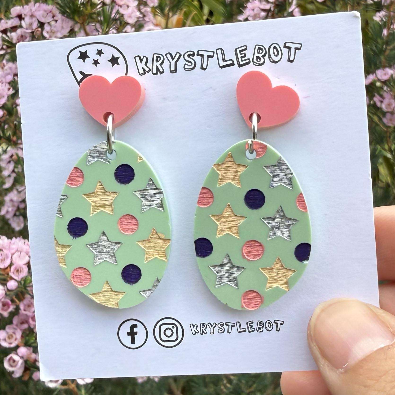 Mint green multi coloured star and spots Hand Painted Oval Earrings, Lightweight Acrylic Dangles, One-Off