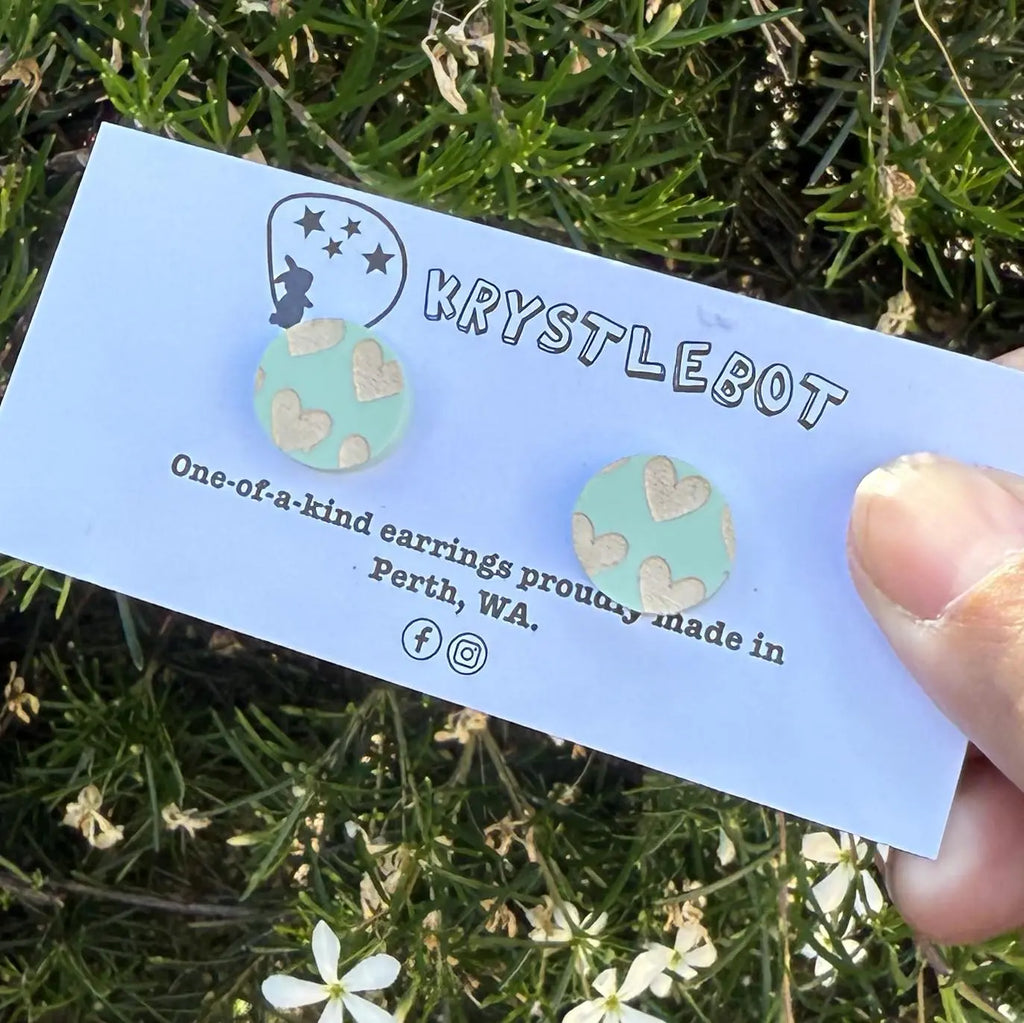 Green and cream heart painted oval studs, Teacher Gifts, Everyday earrings, Basic Studs