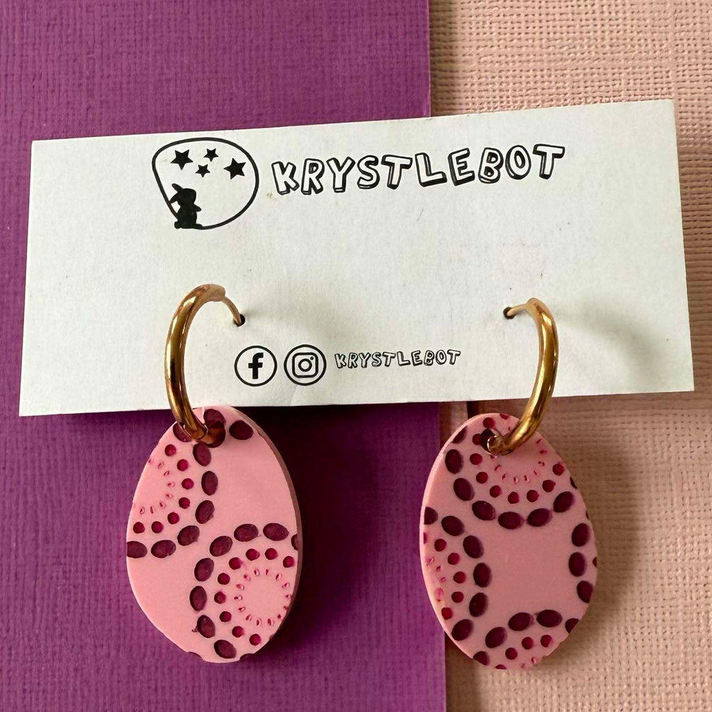 Pink Painted Circle Spots Huggie Hoop Oval Earrings, Lightweight Acrylic Dangles, One-Off