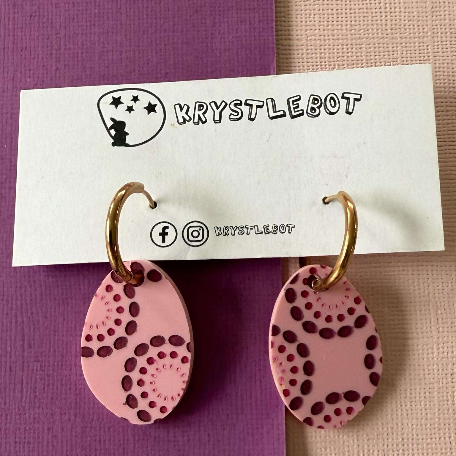Pink Painted Circle Spots Huggie Hoop Oval Earrings, Lightweight Acrylic Dangles, One-Off