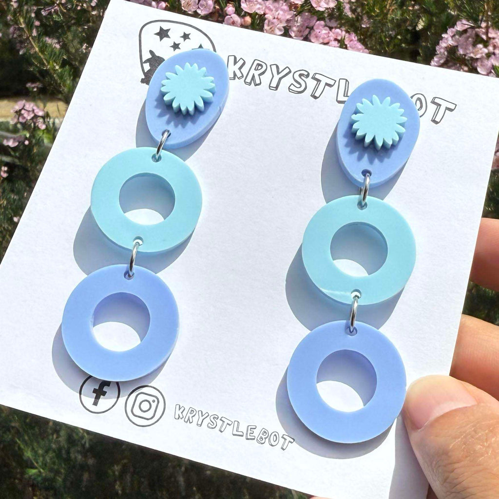 Two toned Blue Oval and Circle starburst dangles, Acrylic earrings, Lightweight dangles,Teacher Earrings