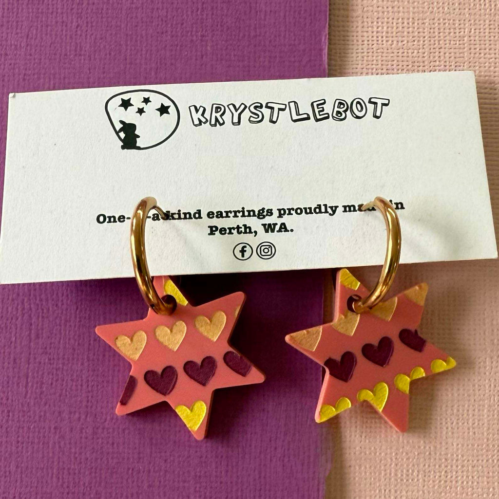 Raspberry star dangles hand painted with pink, yellow and peach hearts, Huggie Hoop Square Earrings, Lightweight Acrylic Dangles, One-Off